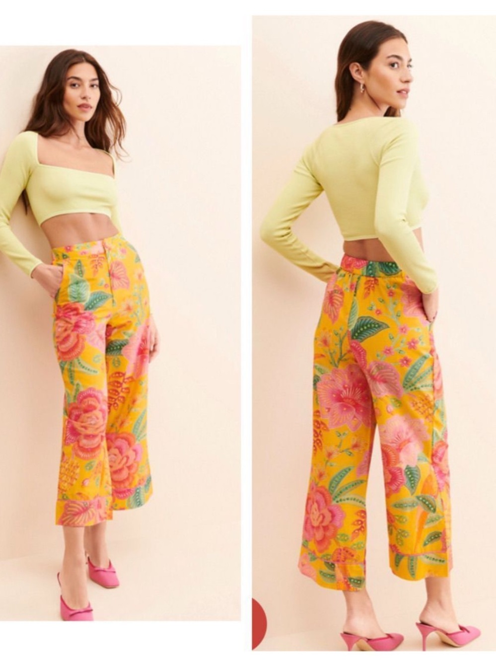 Farm Rio Macaw Bloom Printed Cotton Pants XS Tropical Floral Crop Pockets